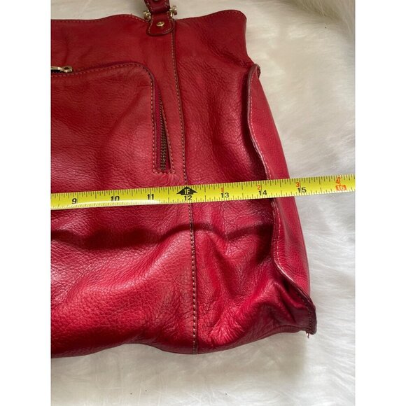 Large Red Leather Tote Bag With Double Handles Front Zipper Pocket - Picture 13 of 14